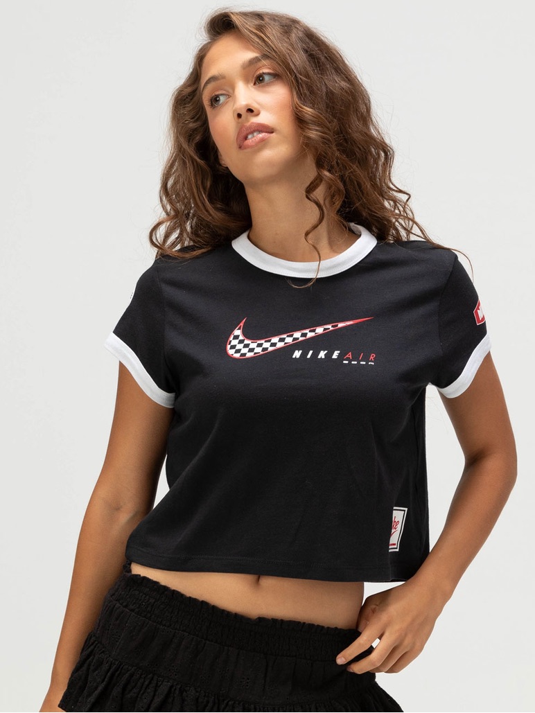 Nike Black Crop Tee With White Ringer And Checker Swoosh